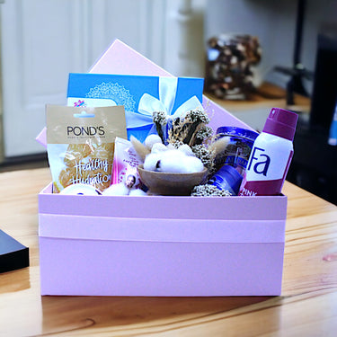 Beauty and Indulgence Gift Set, Classic Mixed Chocolates, Fa Deo Spray, Nivea Cream, Pink Box